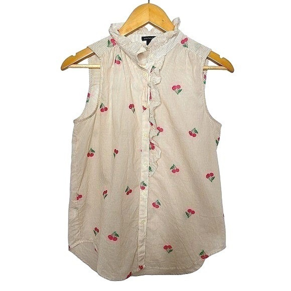 Ann Taylor Embroidered Cherry Ruffle Sleeveless Blouse S 100% Cotton Cottagecore